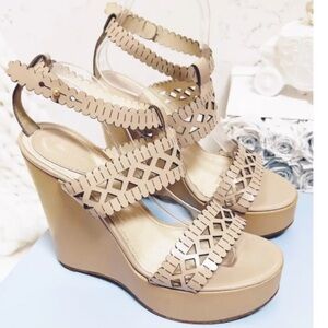 Chloe Laser Cut Scalloped Leather cream platform Wedges